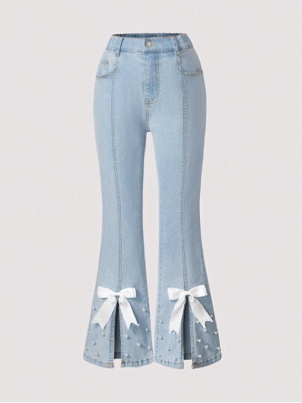 Girls Casual Washed Soft Denim Flare Pants Jeans With Bowknot Pearl Decor